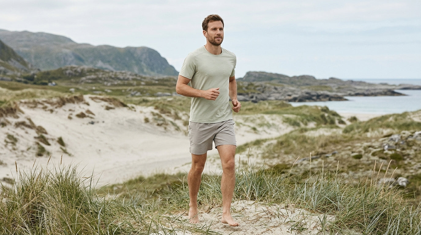 Man wearing premium sustainable training shorts outdoors in Nordic summer light