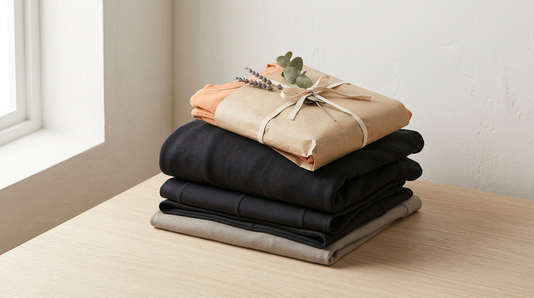 Folded premium sustainable activewear wrapped in kraft paper with a eucalyptus sprig, presented as a considered gift on a pale oak surface