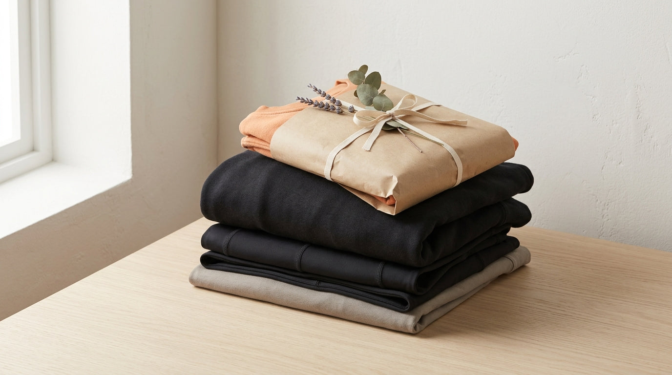 Folded premium sustainable activewear wrapped in kraft paper with a eucalyptus sprig, presented as a considered gift on a pale oak surface