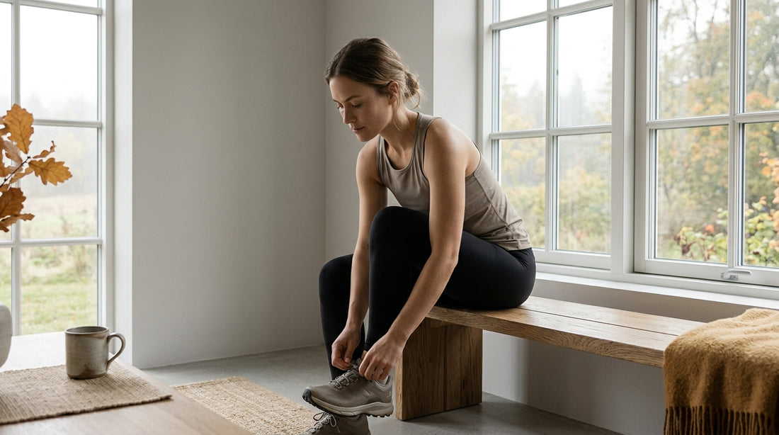 A calm athlete in muted activewear lacing up trainers by a window in soft autumn light