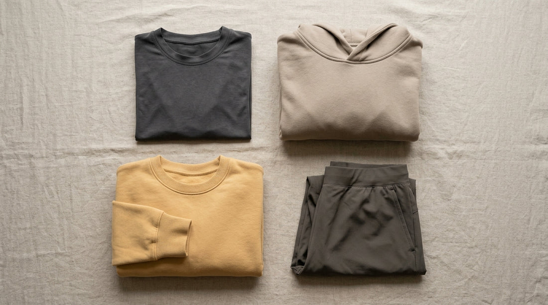 Minimalistisches Flat-Lay gefalteter Herbst-Trainingsessentials — Shirt, Hoodie, Sweatshirt und Shorts in gedeckten Erdtönen