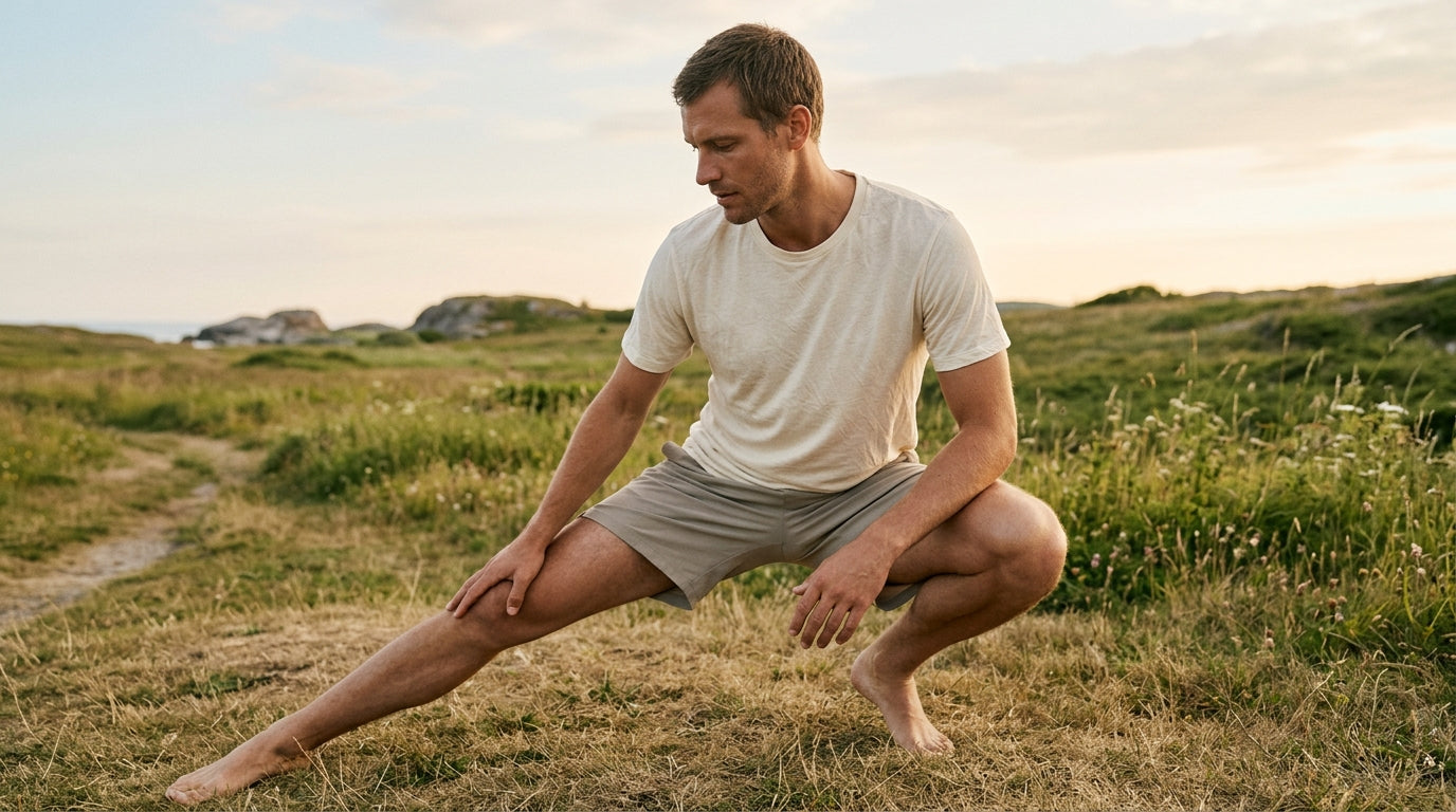 Man in lyocell t-shirt and training shorts stretching outdoors in Nordic summer light